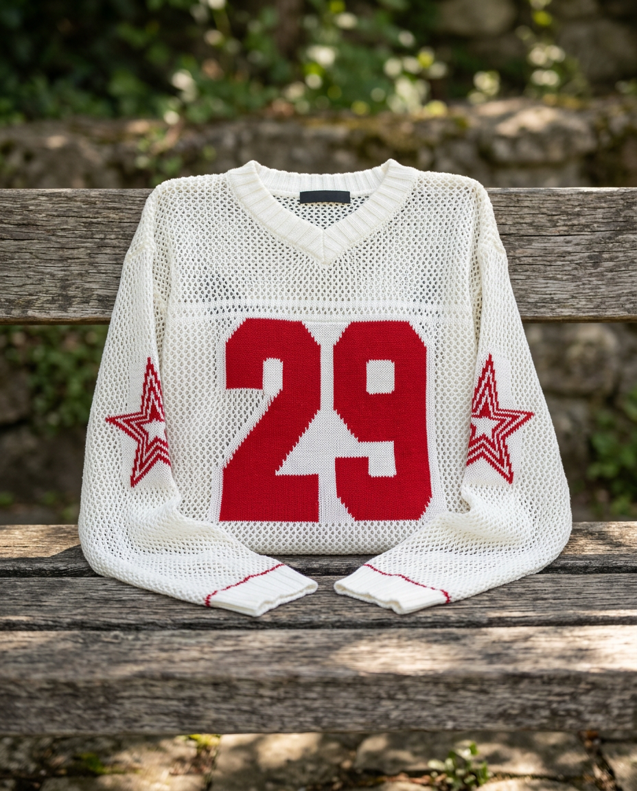 Buzo de Hilo Calado Boston Diseño Deportivo Blanco y Rojo