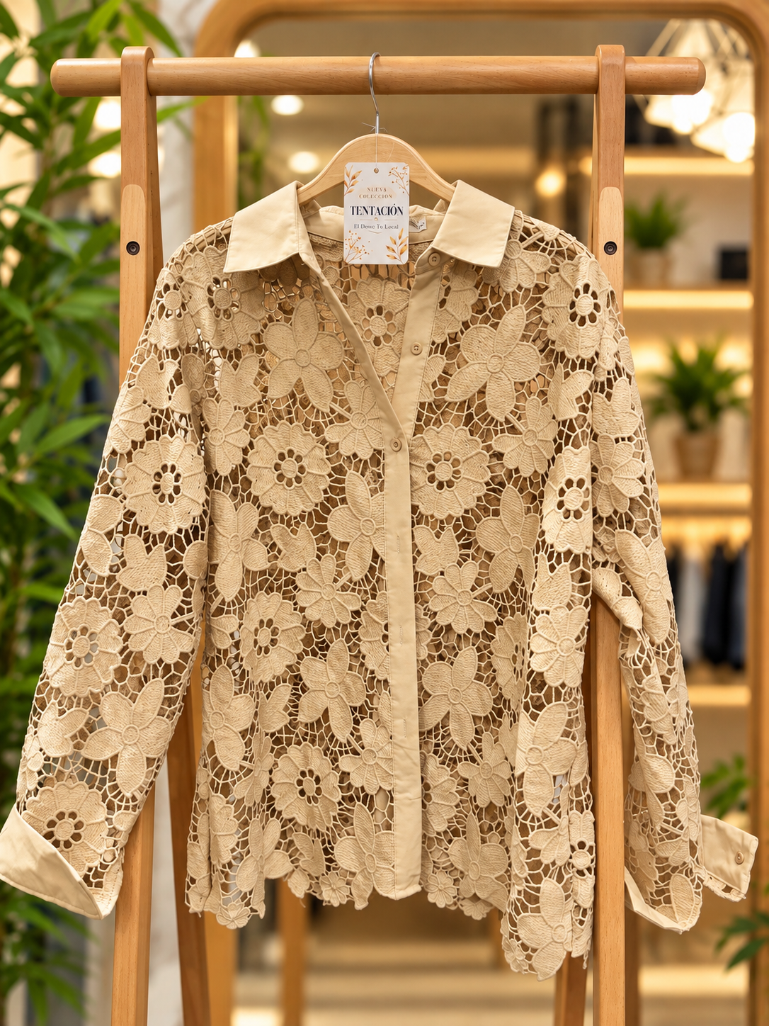 Camisa de Encaje Alfonsina beige en percha, con motivos florales calados y puños lisos.