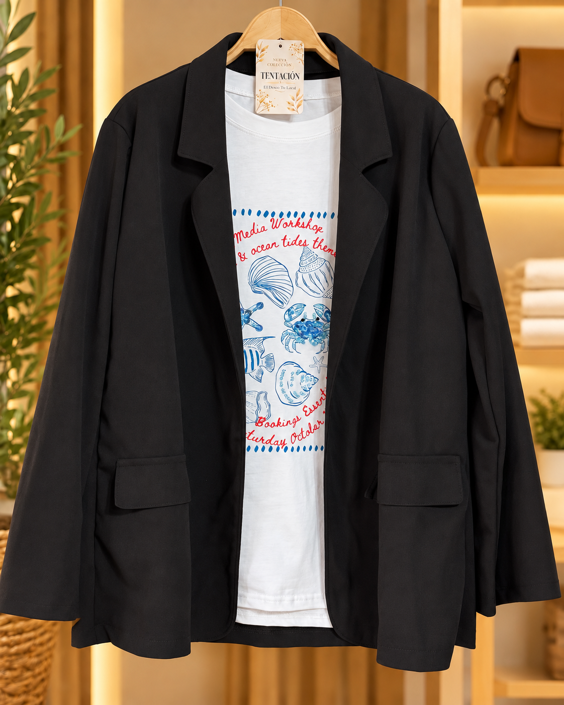 Blazer Naomi negro con solapas clásicas y mangas largas, visto de frente.
