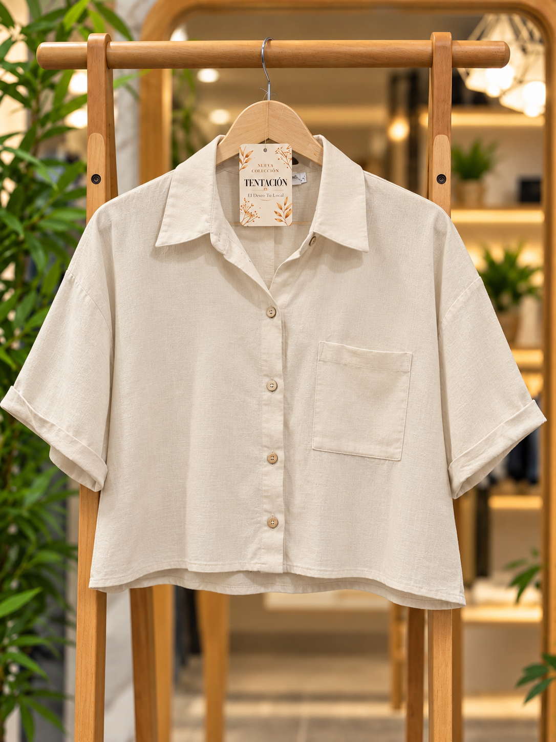 Camisa de Lino Corta Tiare en tono claro, vista frontal con mangas cortas, botones y bolsillo en el pecho.