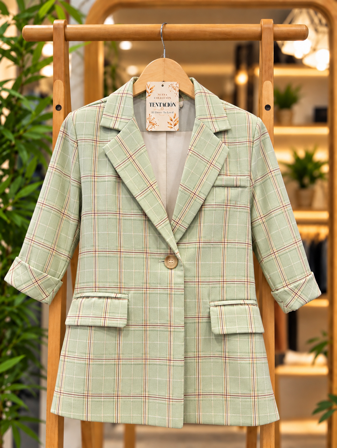 Blazer Cuadrillé Kristin verde claro, vista frontal con estampado a cuadros.