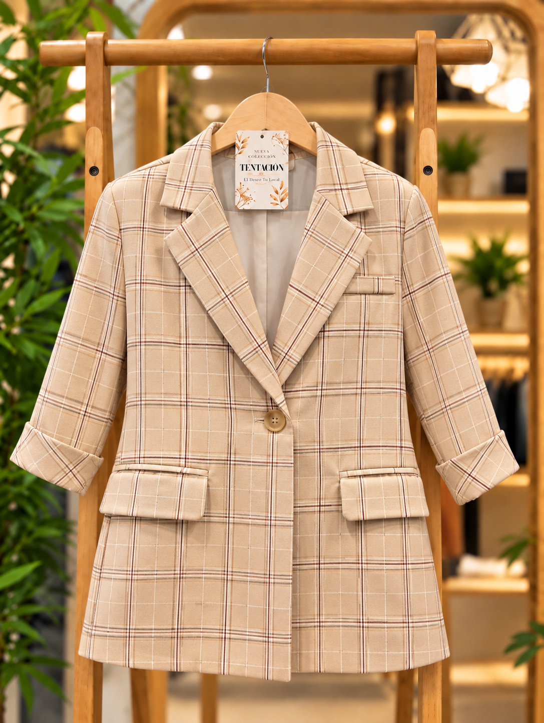 Blazer Cuadrillé Kristin beige, vista frontal con detalles de bolsillos con solapa.