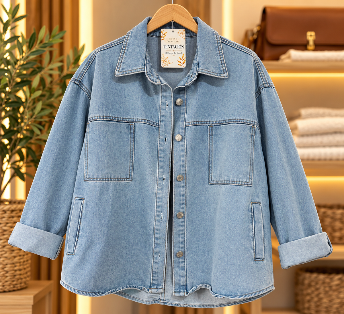 Campera Akita de Jean en celeste lavado, vista frontal con mangas arremangadas y bolsillos delanteros.