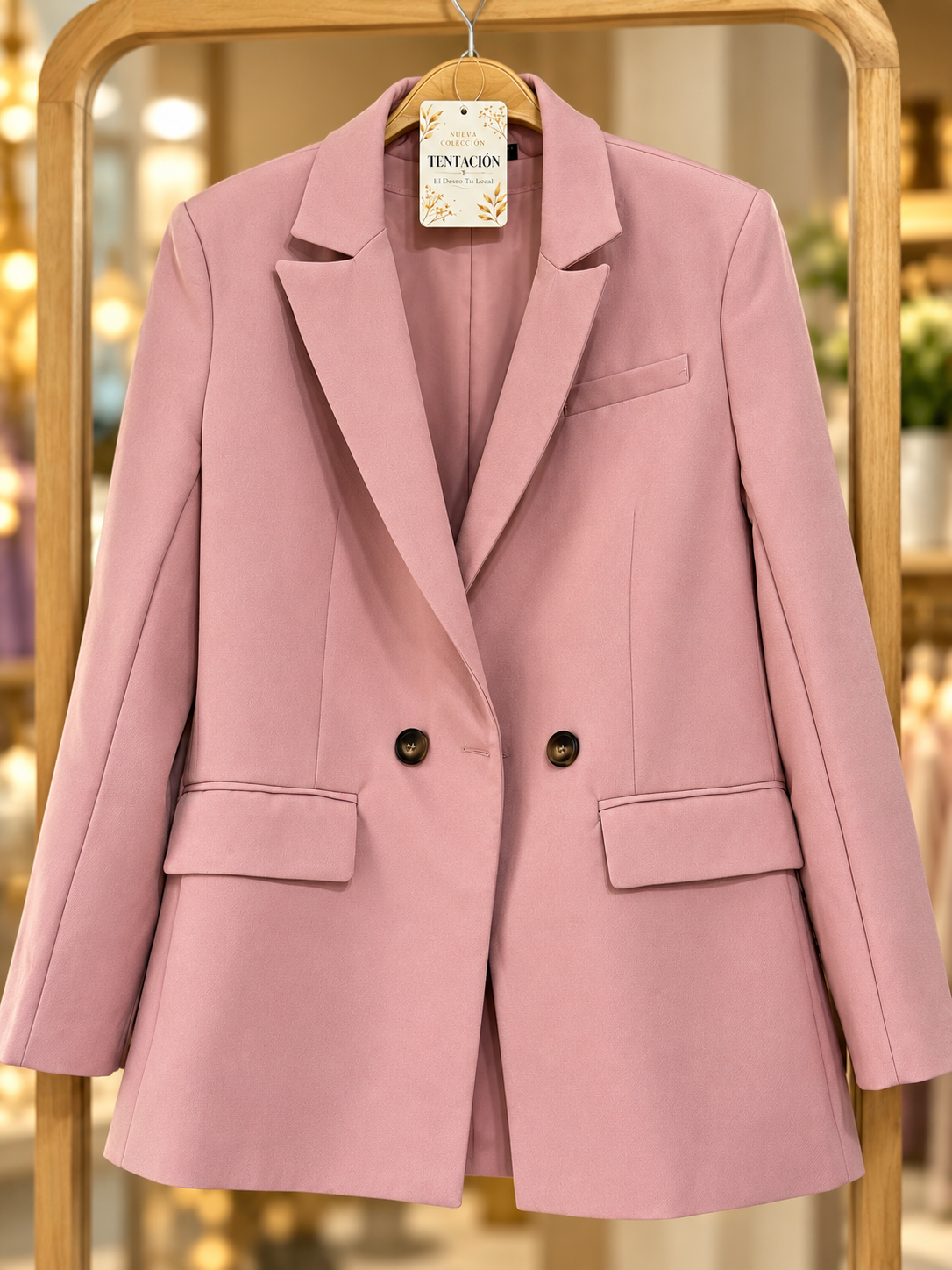 Vista frontal del Blazer Eva Liso en rosa, con solapas, botones en contraste y bolsillos con solapa.