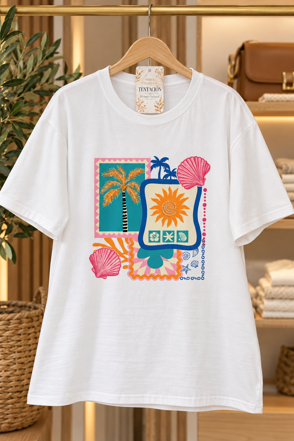Remera Sol blanca de cuello redondo y mangas cortas, con estampa de sol naranja, palmeras y conchas marinas en rosa, turquesa y azul.