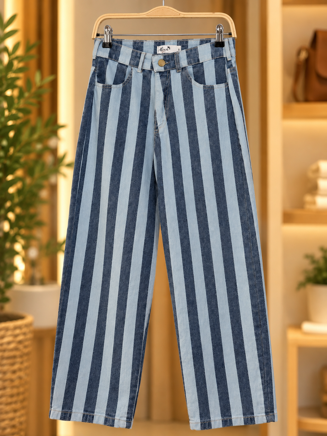 Jean Malibu Denim de Alexa con rayas azules y celestes, vista frontal sobre modelo.