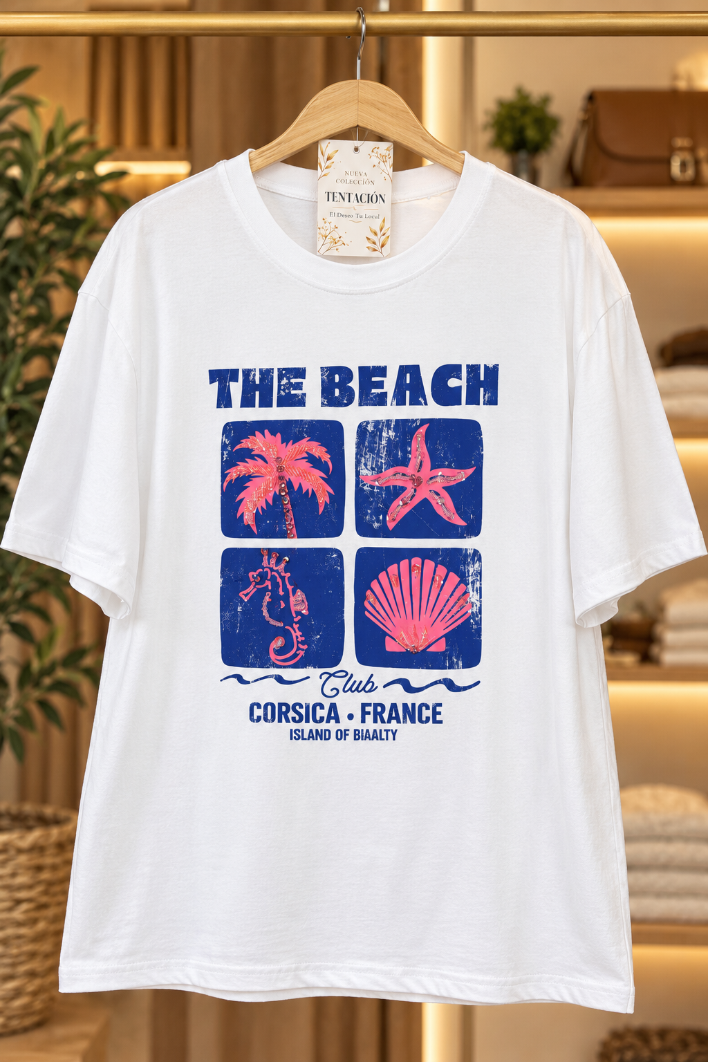 Remera The Beach blanca de cuello redondo y mangas cortas, con estampa playera en azul y coral, vista de frente.