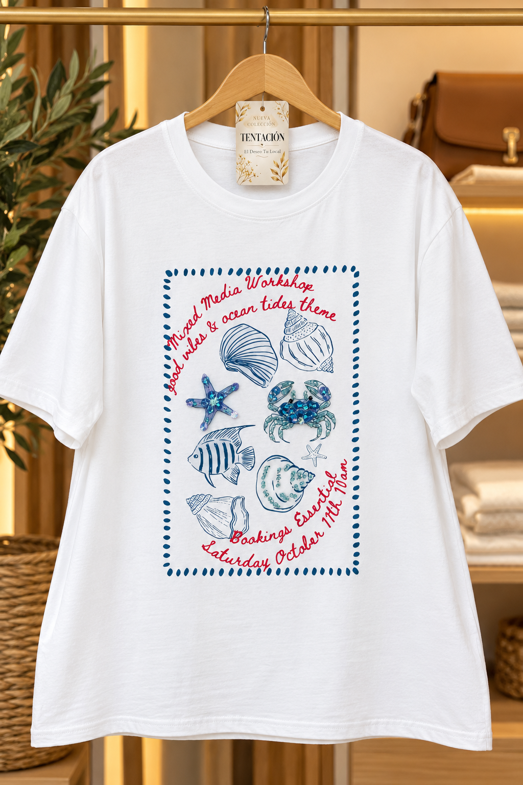 Remera Good Vibes blanca con cuello redondo, mangas cortas y diseño marino con caracoles, pez, estrellas de mar y cangrejo.