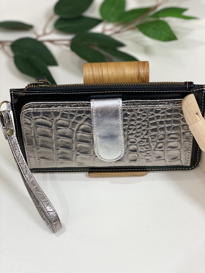 Billetera Alexa Carlotta de Cuero Genuino Plateado Croco
