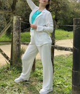 Blazer Dana de Lino con Estampado de Rayas y Corte Relajado