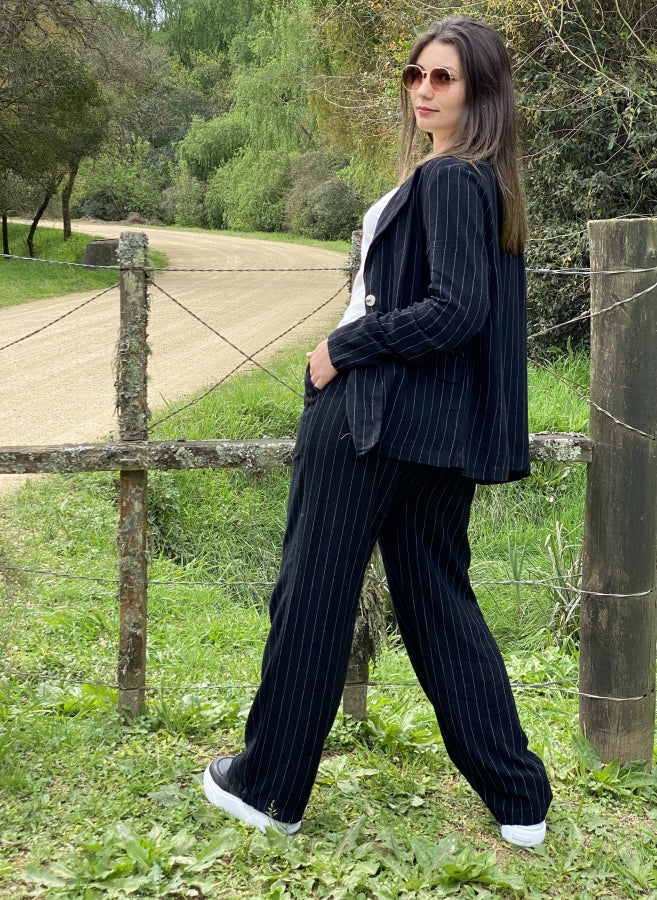 Blazer Dana de Lino con Estampado de Rayas y Corte Relajado