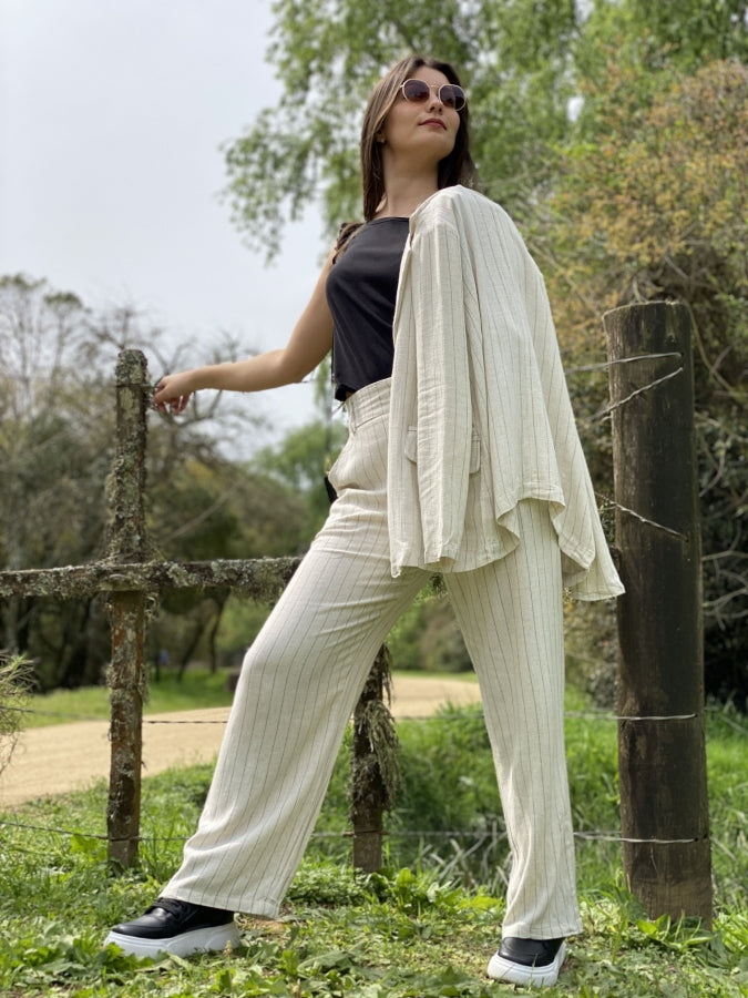 Blazer Dana de Lino con Estampado de Rayas y Corte Relajado