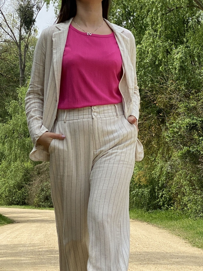Blazer Dana de Lino con Estampado de Rayas y Corte Relajado
