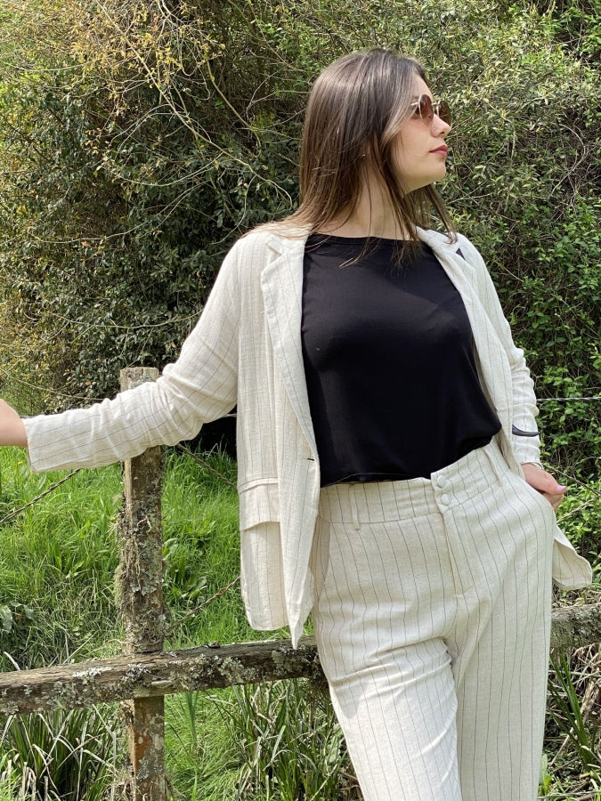 Blazer Dana de Lino con Estampado de Rayas y Corte Relajado