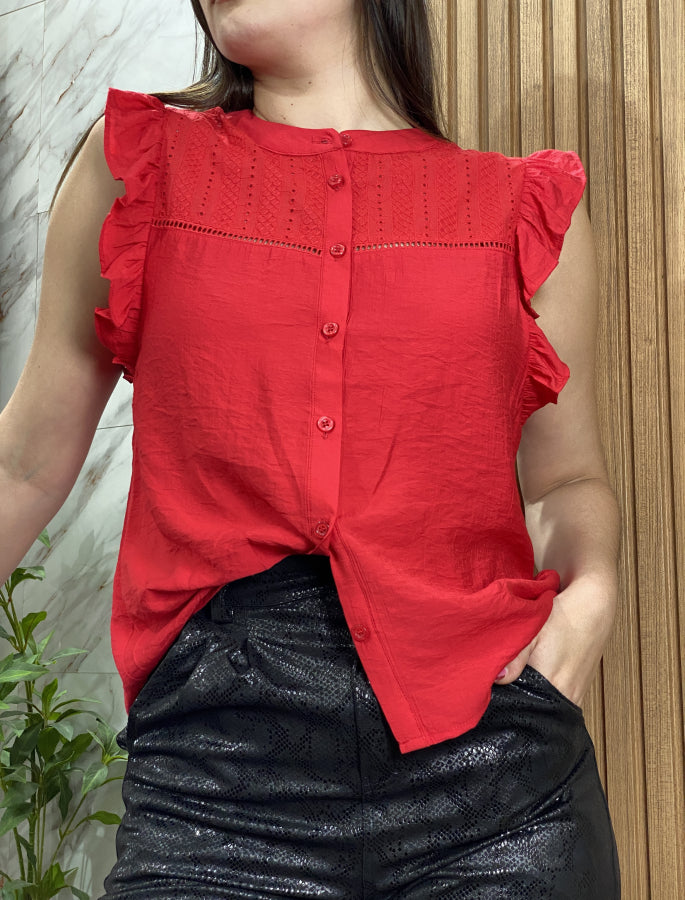 Blusa Alessandra con Canesú de Puntilla y Volados en Sisas