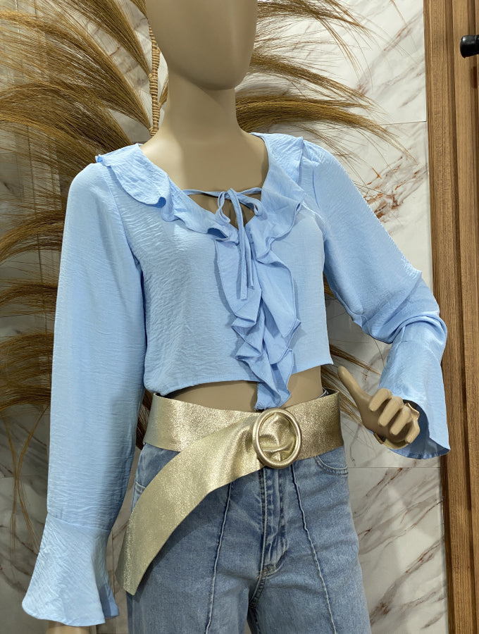 Blusa Cropped Micaela Texturizada con Volantes y Lazo