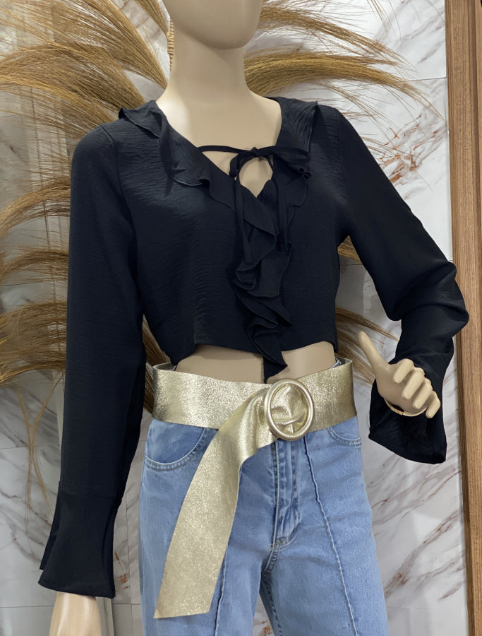 Blusa Cropped Micaela Texturizada con Volantes y Lazo