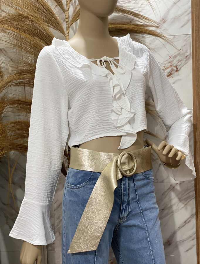 Blusa Cropped Micaela Texturizada con Volantes y Lazo