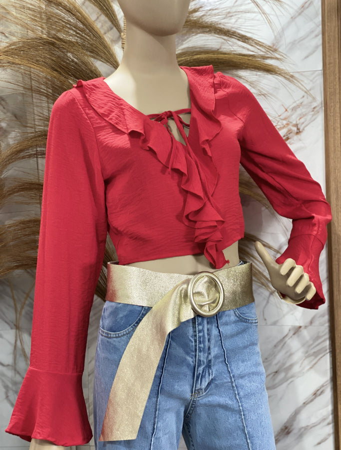 Blusa Cropped Micaela Texturizada con Volantes y Lazo