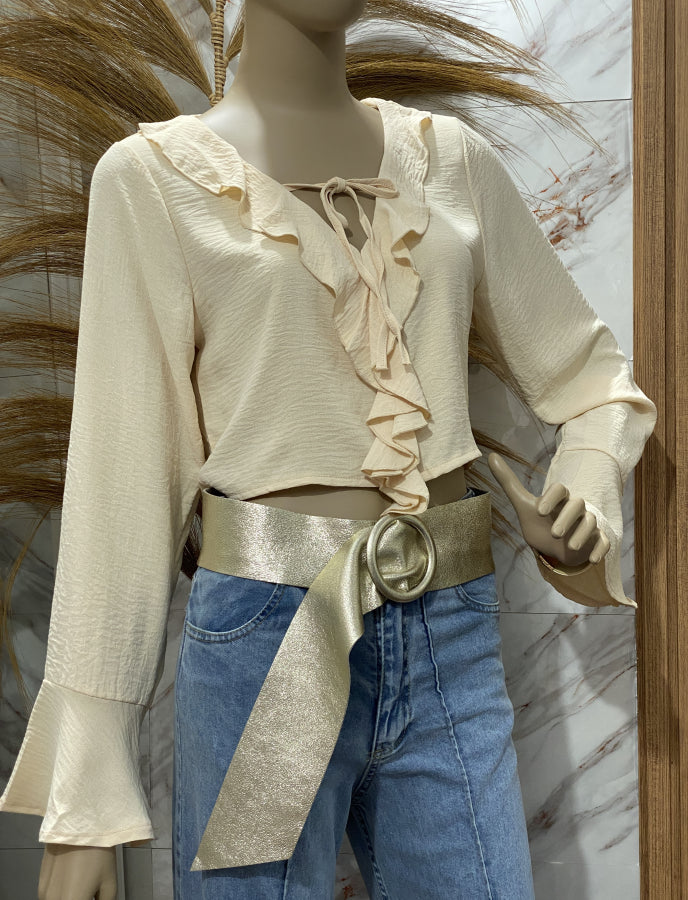 Blusa Cropped Micaela Texturizada con Volantes y Lazo