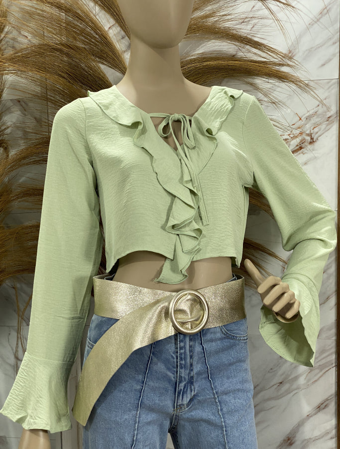 Blusa Cropped Micaela Texturizada con Volantes y Lazo