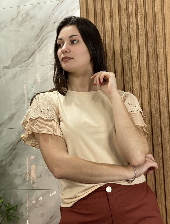 Blusa Solanye de Algodón con Mangas Plisadas y Broderie