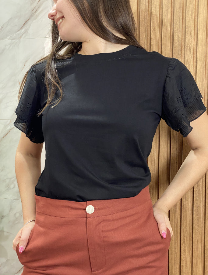 Blusa Solanye de Algodón con Mangas Plisadas y Broderie