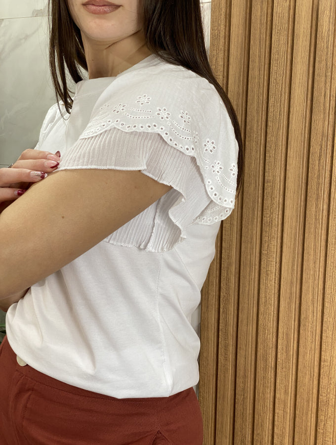 Blusa Solanye de Algodón con Mangas Plisadas y Broderie