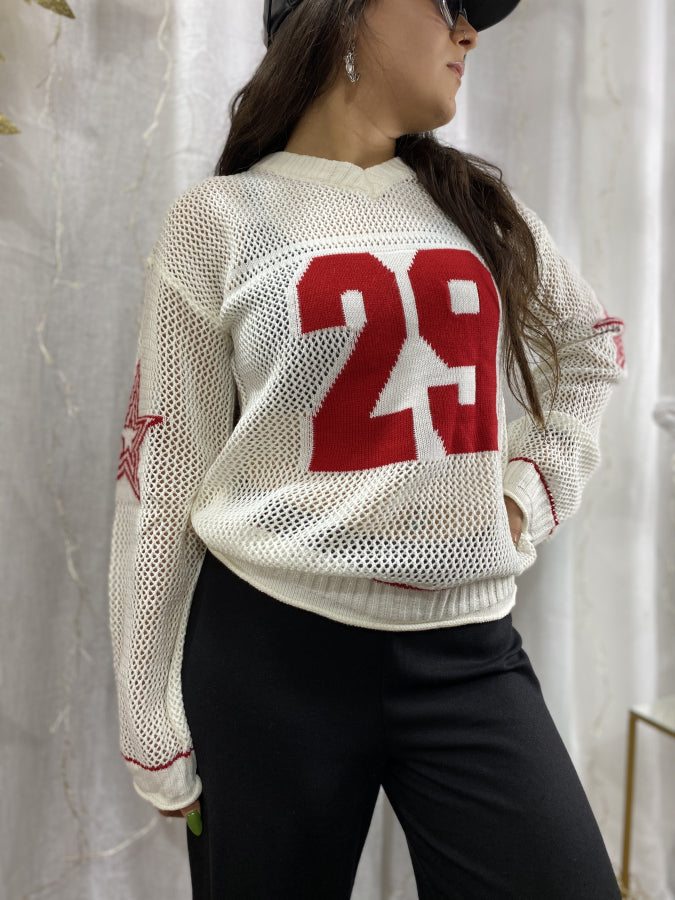Buzo de Hilo Calado Boston Diseño Deportivo Blanco y Rojo