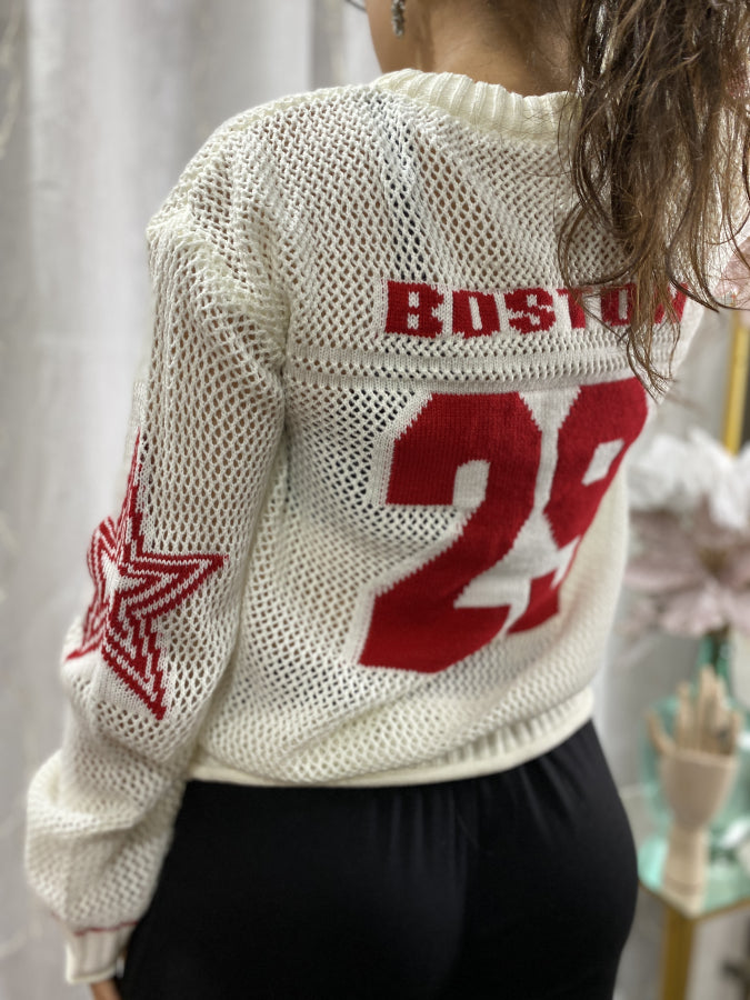 Buzo de Hilo Calado Boston Diseño Deportivo Blanco y Rojo