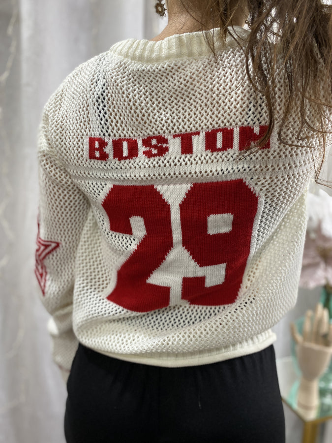 Buzo de Hilo Calado Boston Diseño Deportivo Blanco y Rojo