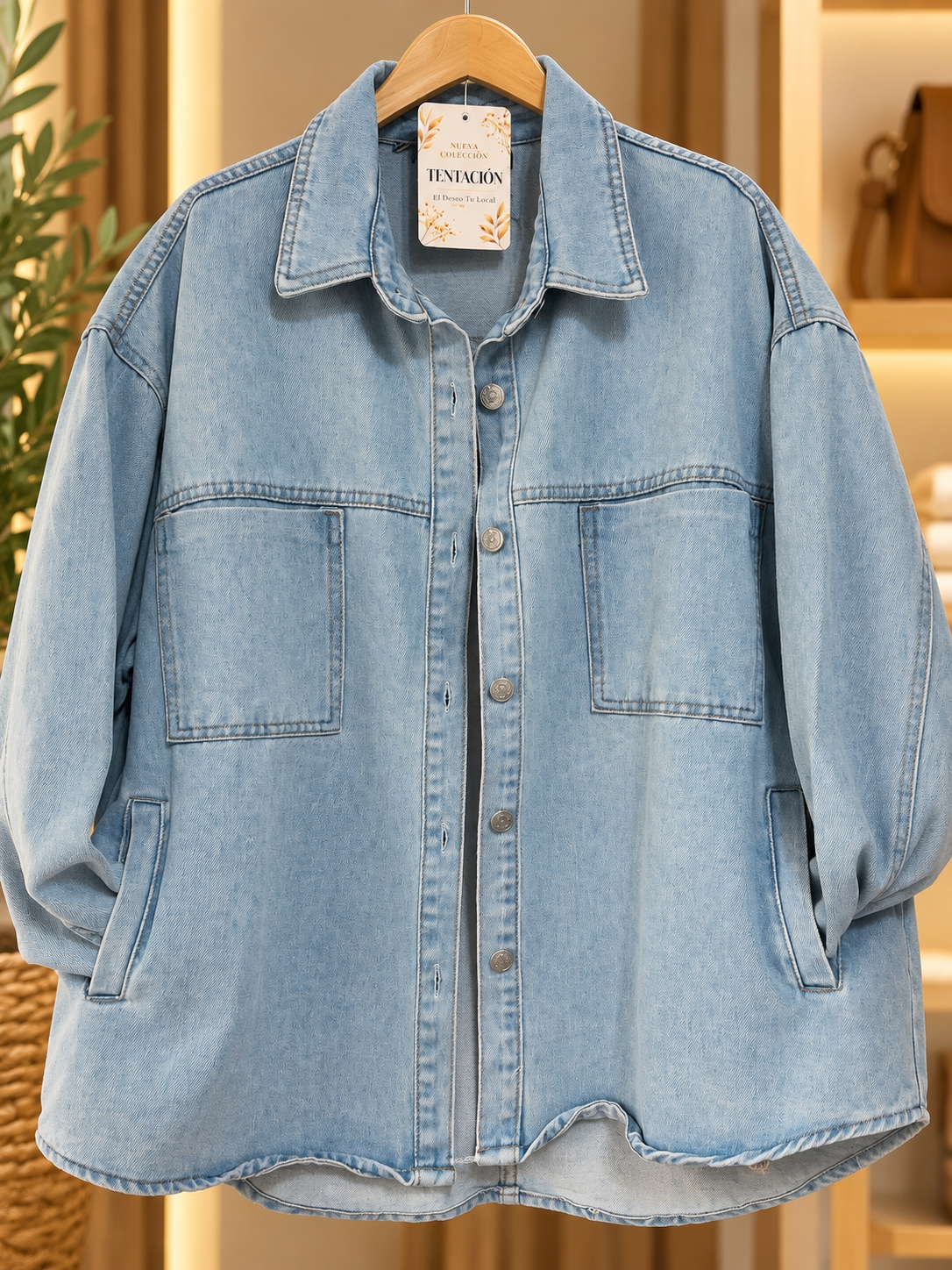 Vista frontal de la Campera Akita de Jean en celeste, con cuello camisero y cierre de botones metálicos.