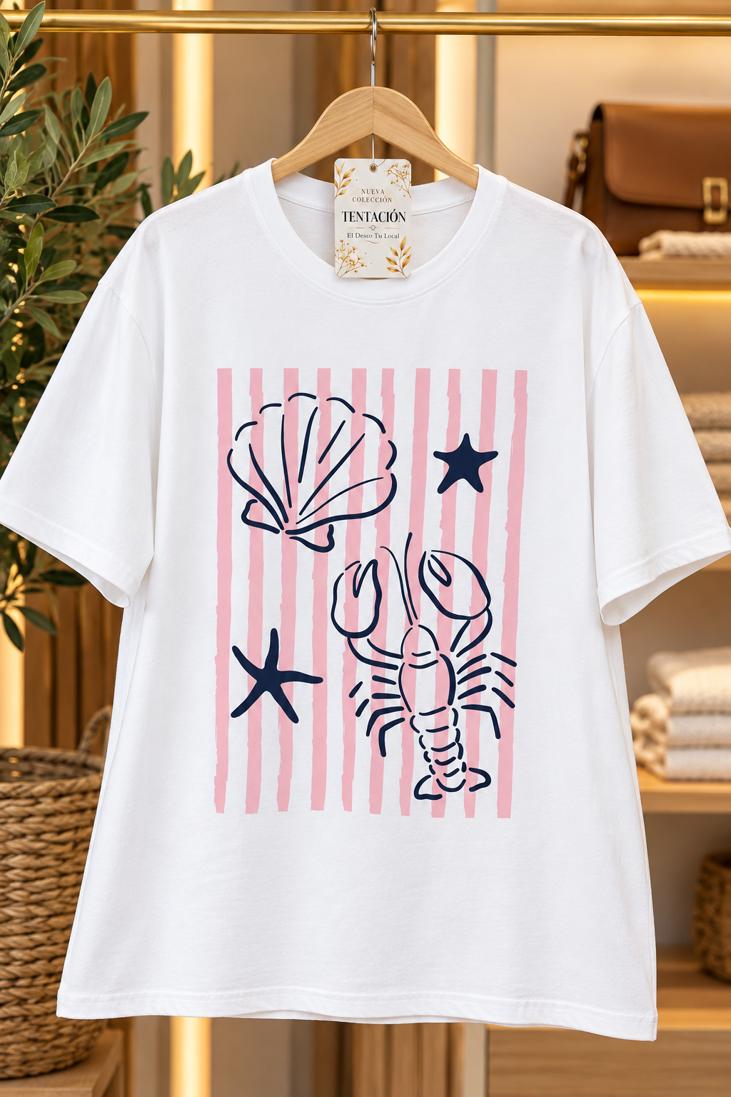Remera Indara blanca de mangas cortas y cuello redondo, con rayas rosas y dibujos oscuros de langosta, concha marina y estrellas.