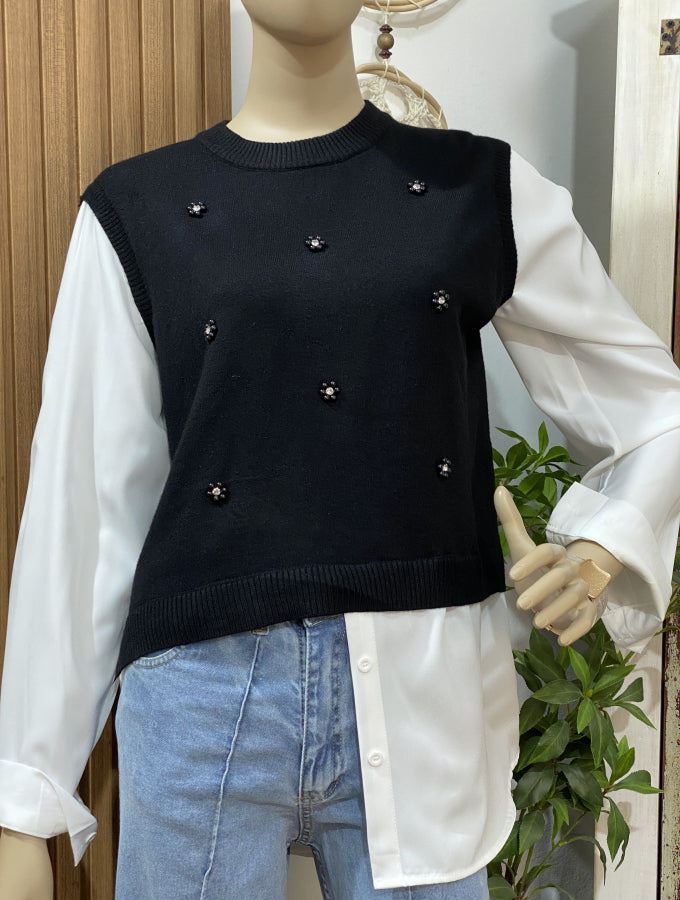 Camisa Sheila en Popelín y Chaleco Floral Perlado