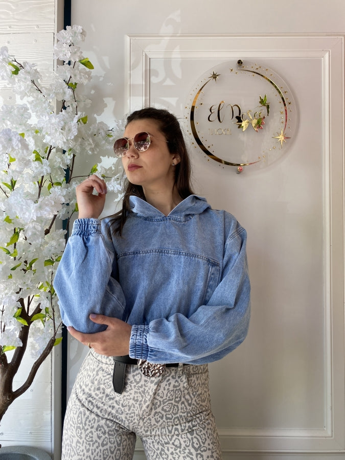 Canguro Calipso de Jean Estilo Cropped con Capucha y Puños Elásticos