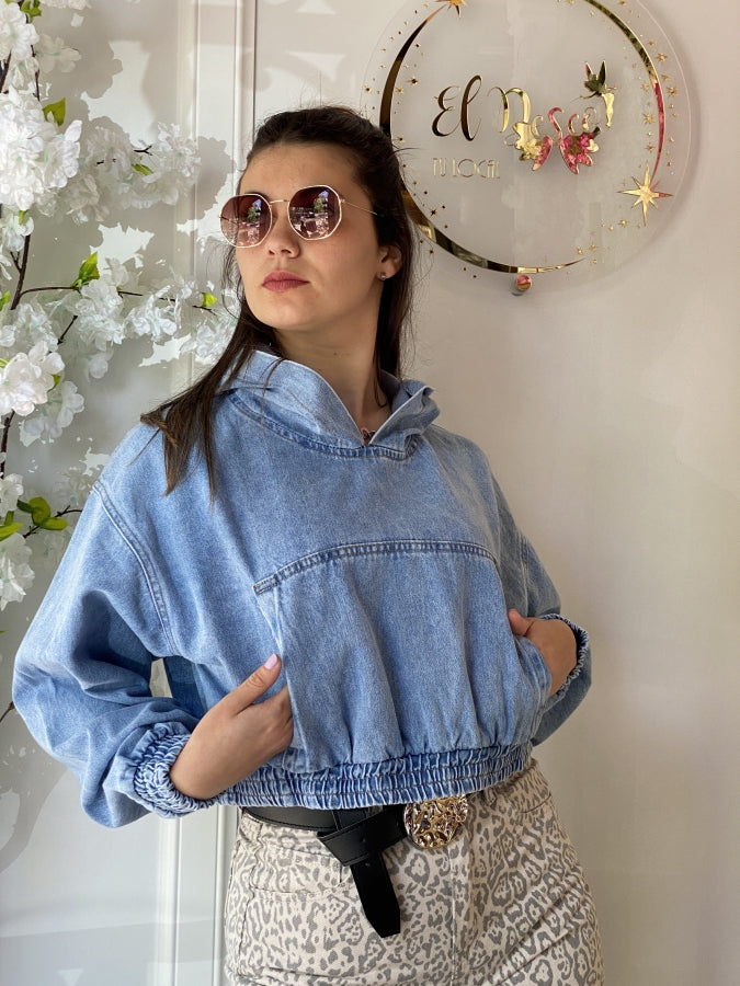 Canguro Calipso de Jean Estilo Cropped con Capucha y Puños Elásticos