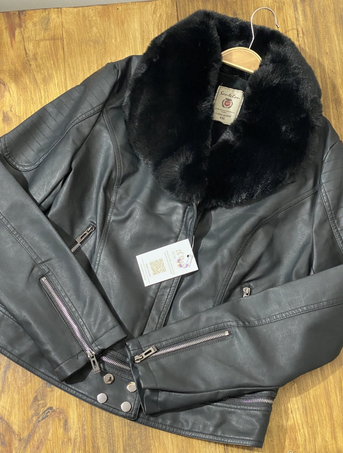 Chaqueta Adele de Eco Cuero con Cuello de Piel