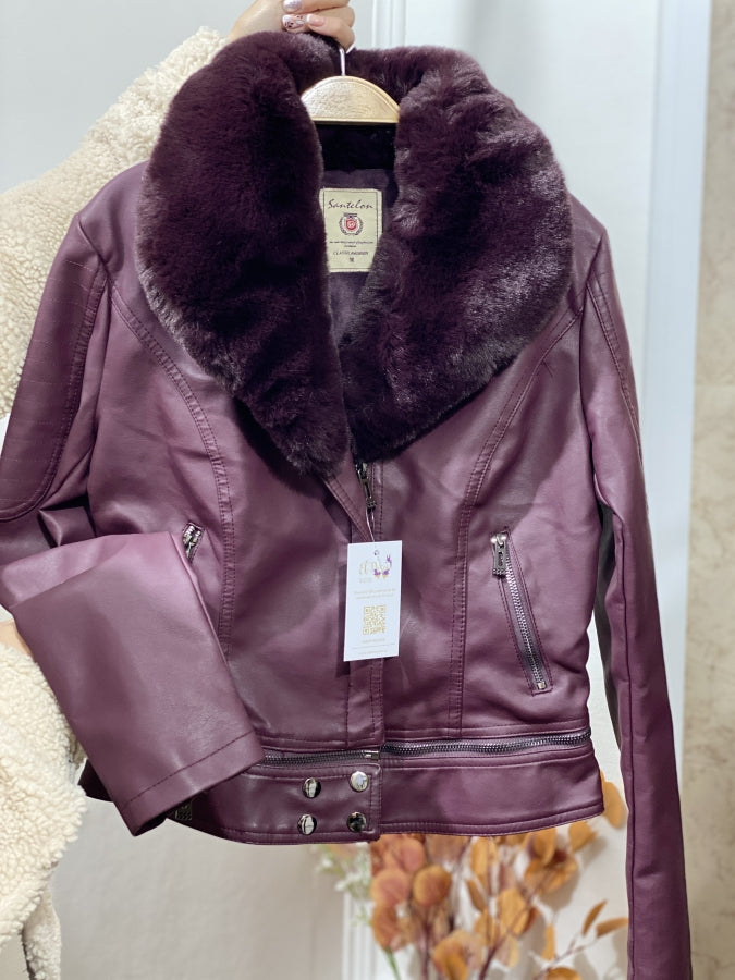 Chaqueta Adele de Eco Cuero con Cuello de Piel