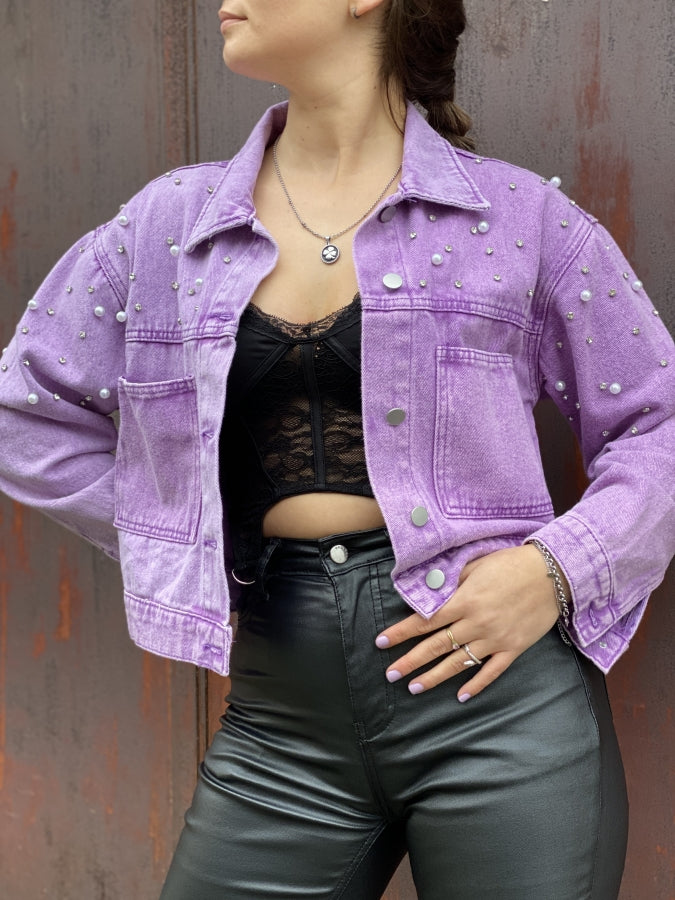 Chaqueta Denim April con Apliques de Perlas y Cristales