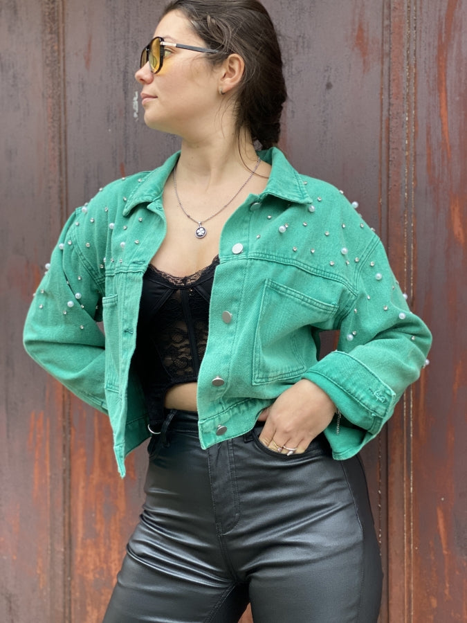 Chaqueta Denim April con Apliques de Perlas y Cristales