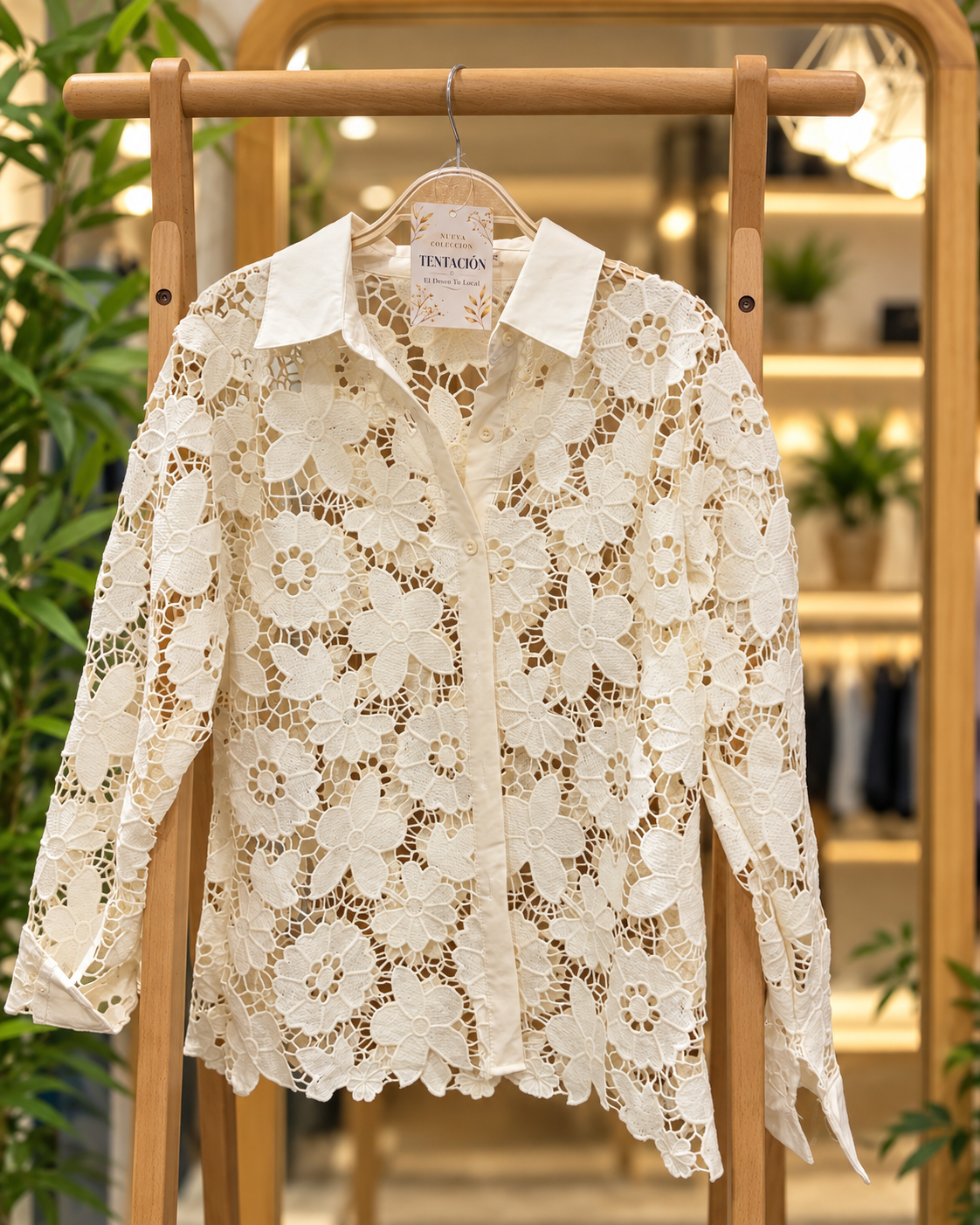 Camisa de Encaje Alfonsina blanca en percha, con flores caladas, cuello camisero y mangas largas.