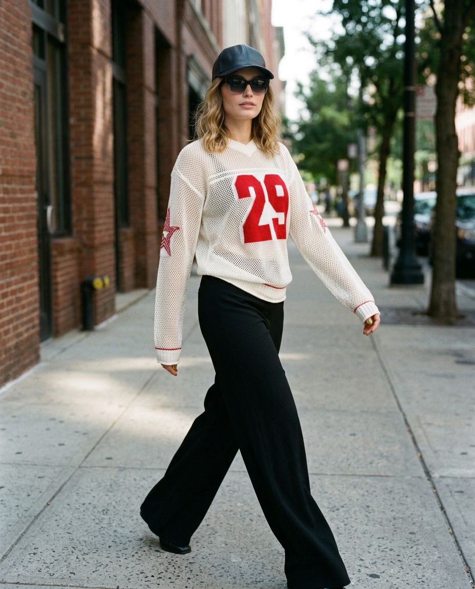 Buzo de Hilo Calado Boston Diseño Deportivo Blanco y Rojo