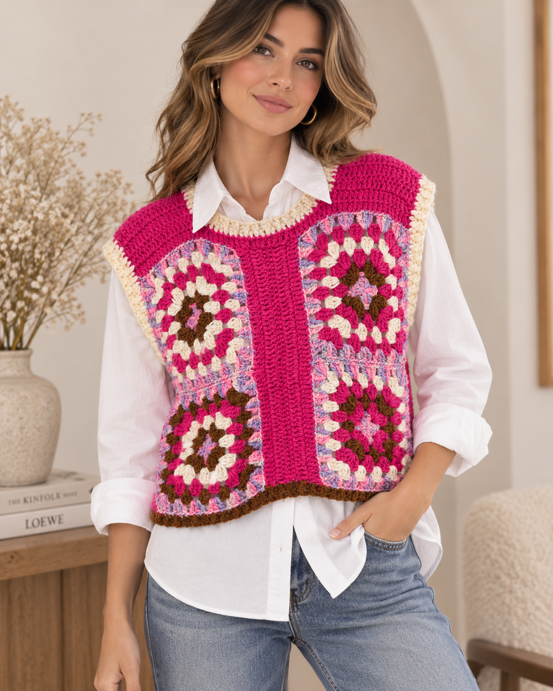 Mujer usando chaleco crochet Mosaico multicolor sobre camisa blanca