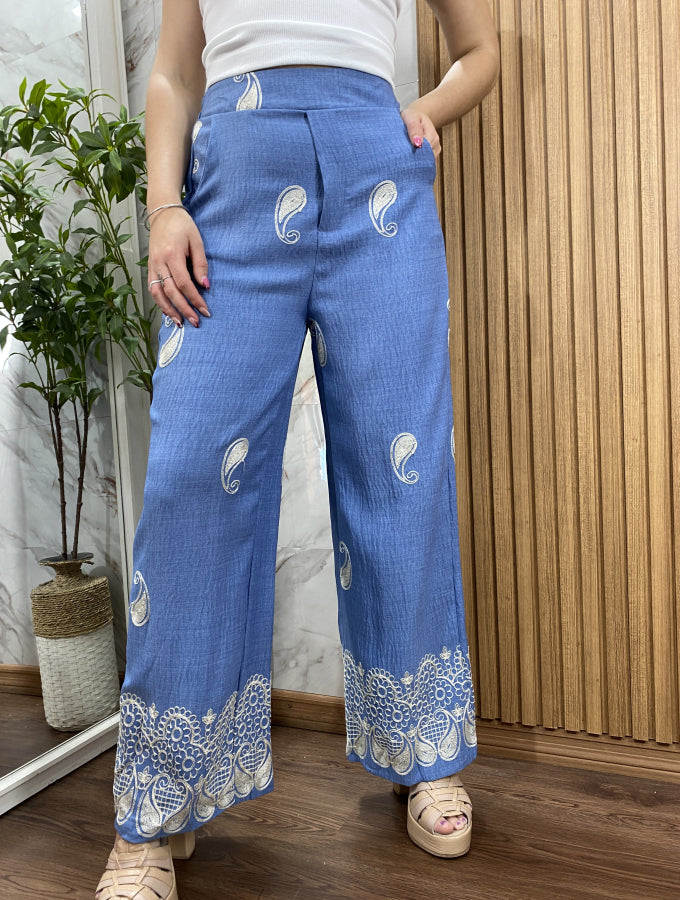 Pantalón Palazzo Billie Estampado con Detalle de Puntilla