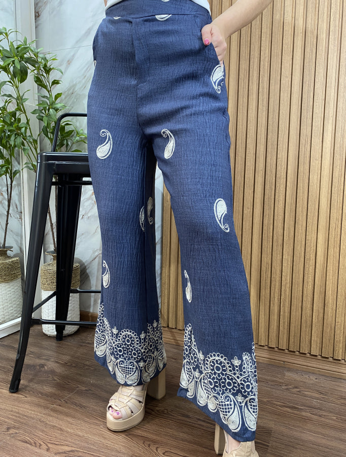 Pantalón Palazzo Billie Estampado con Detalle de Puntilla
