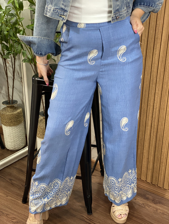 Pantalón Palazzo Billie Estampado con Detalle de Puntilla