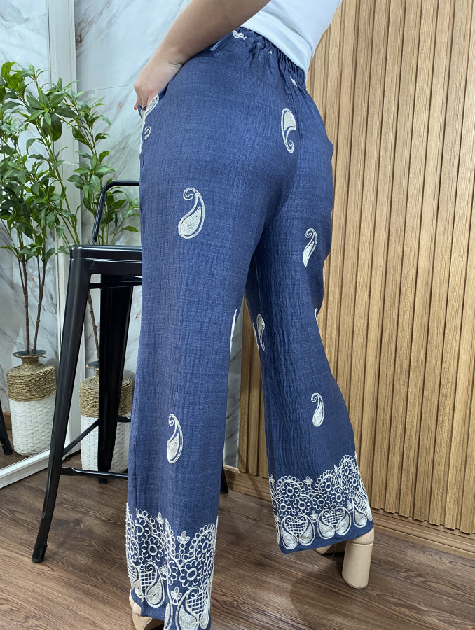 Pantalón Palazzo Billie Estampado con Detalle de Puntilla