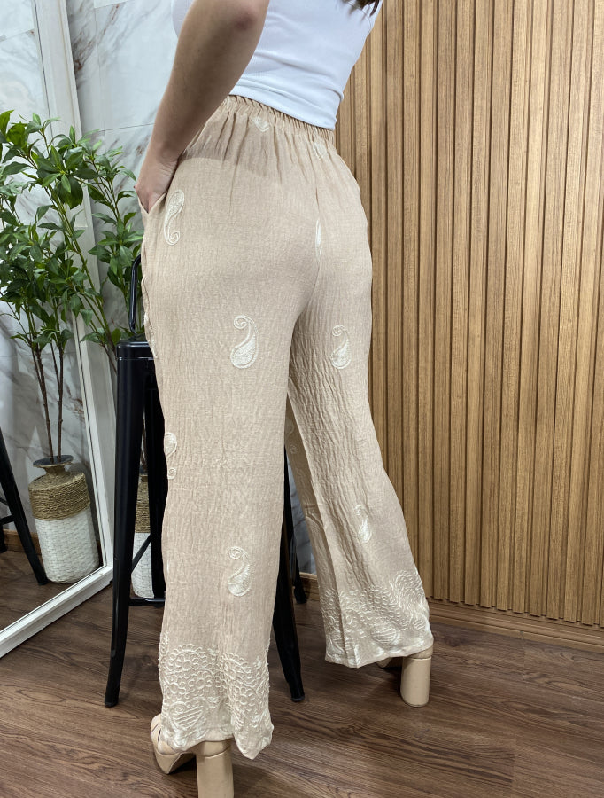 Pantalón Palazzo Billie Estampado con Detalle de Puntilla