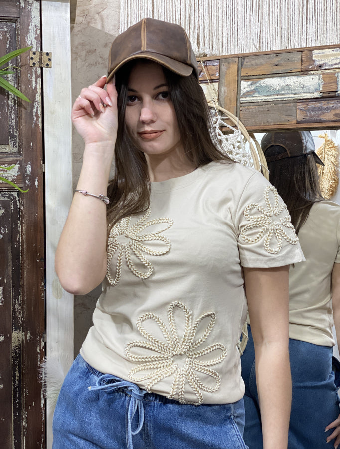 Remera Vittoria en Algodón con Bordado de Flores 3D