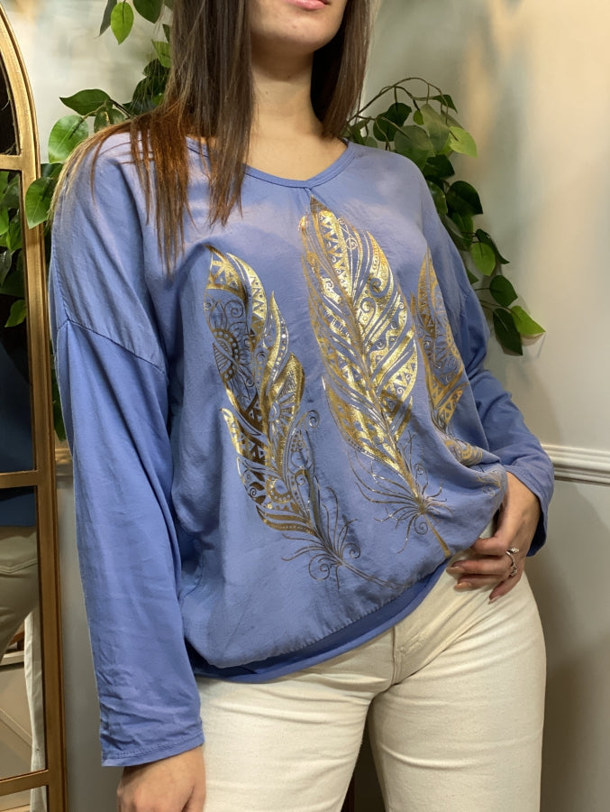 Remerón Feader en Algodón con Estampado de Plumas Doradas